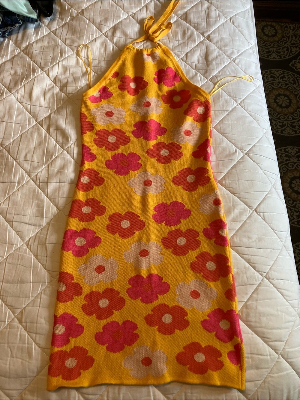 Altar'd State Yellow Floral Halter Knit Dress Size XS with Pink & Orange Blooms